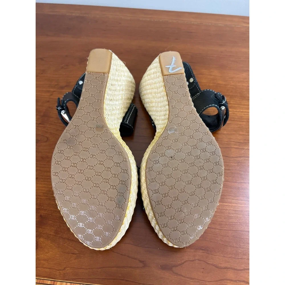 Antonio Melani Ashlee Black Leather Raffia Wedge Sandals Platform Buckle Sz 9.5